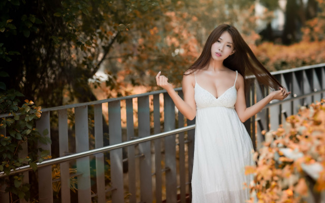 Woman white dress bridge autumn free wallpaper for desktop - medium preview image