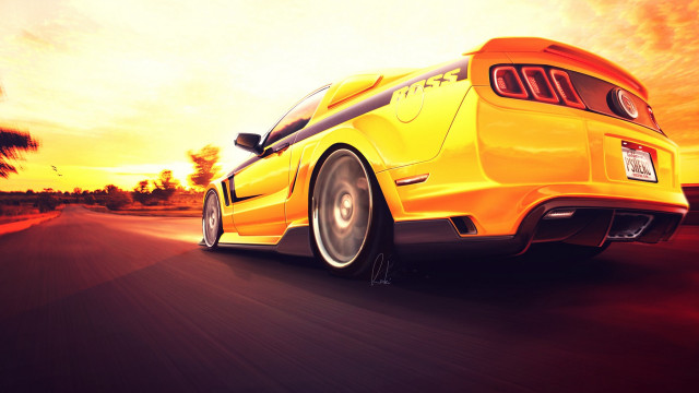 Yellow car sunset mountain ocean free wallpaper for desktop - medium preview image