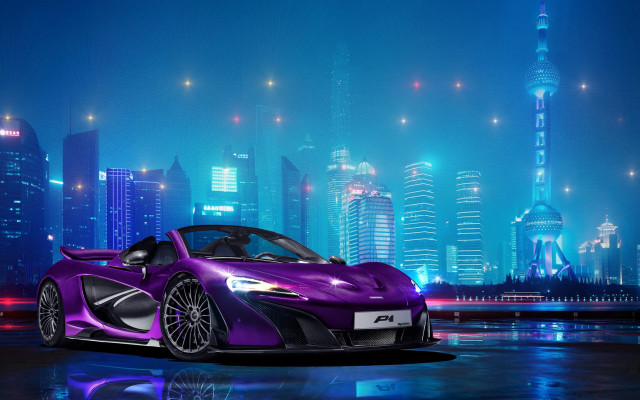Purple sports car cityscape night free wallpaper for desktop - medium preview image