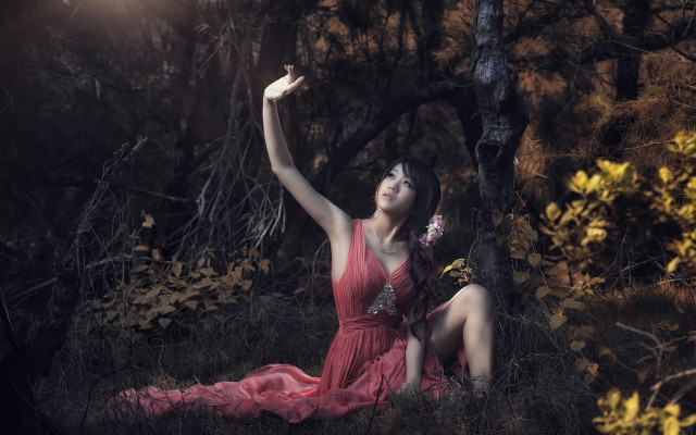 Woman red dress outdoors autumn free wallpaper for desktop - medium preview image