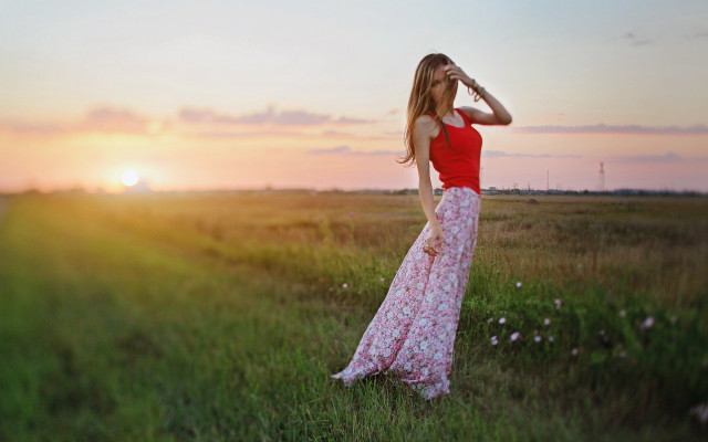 Woman dress field sunset blonde free wallpaper for desktop - medium preview image
