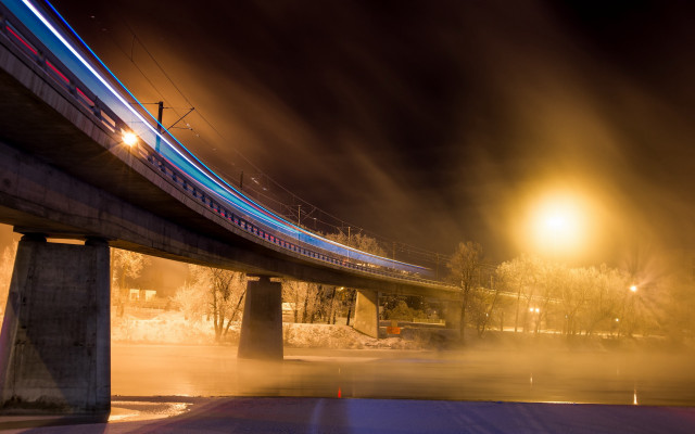 Train bridge night fog lights free wallpaper for desktop - medium preview image