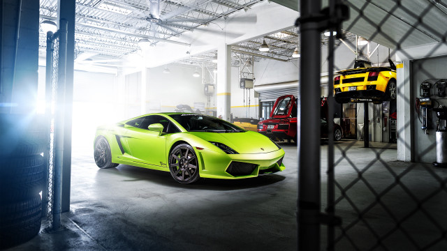 Bright green sports car garage free wallpaper for desktop - medium preview image