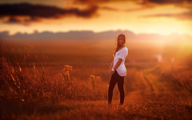 Woman field sunset hands hips free wallpaper for desktop - medium preview image