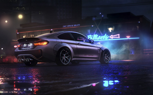 Silver car wet street night free wallpaper for desktop - medium preview image