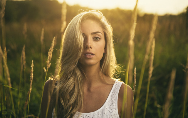 Blonde woman field blowing hair #2 free wallpaper for desktop - medium preview image