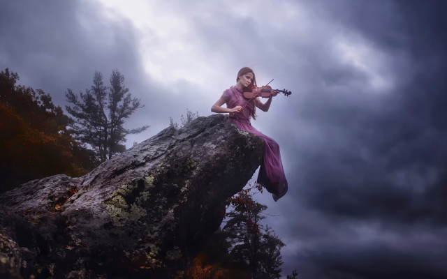 Woman violin forest night starry free wallpaper for desktop - medium preview image