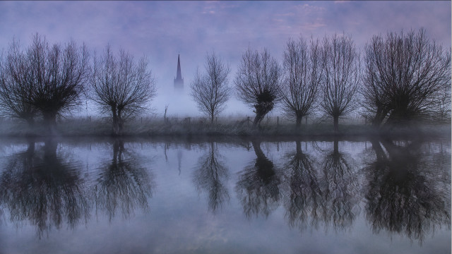 Foggy lake trees church blue free wallpaper for desktop - medium preview image