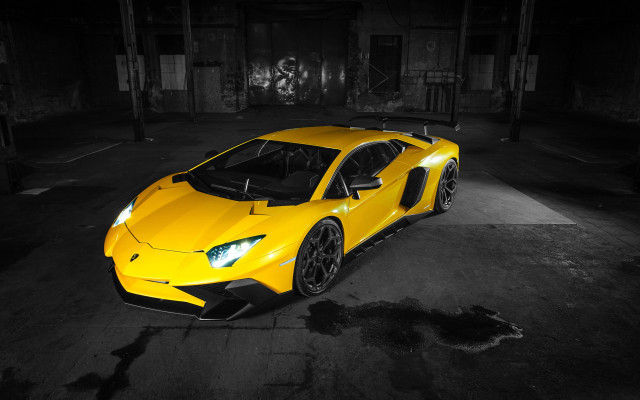 Yellow sports car dark parking free wallpaper for desktop - medium preview image