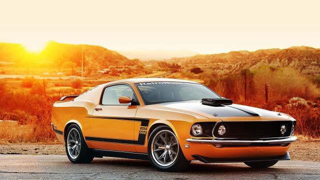 Yellow mustang desert sunset realistic free wallpaper for desktop - medium preview image