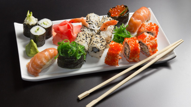Sushi plate chopsticks black background free wallpaper for desktop - medium preview image