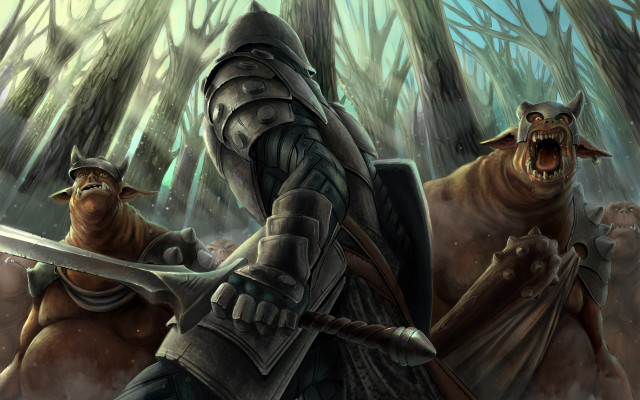 Knights forest demons fantasy art free wallpaper for desktop - medium preview image
