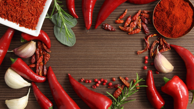 Wooden table red peppers garlic free wallpaper for desktop - medium preview image