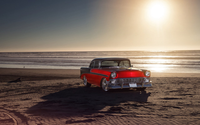 Red black car beach sunset free wallpaper for desktop - medium preview image