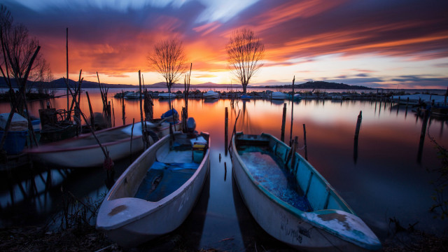 Boats sunset mountains bridge bush free wallpaper for desktop - medium preview image