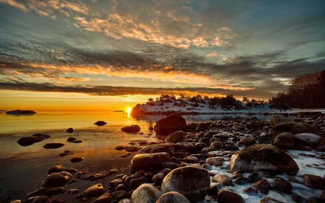 Sunset rocky beach boat snow free wallpaper for desktop - medium preview image