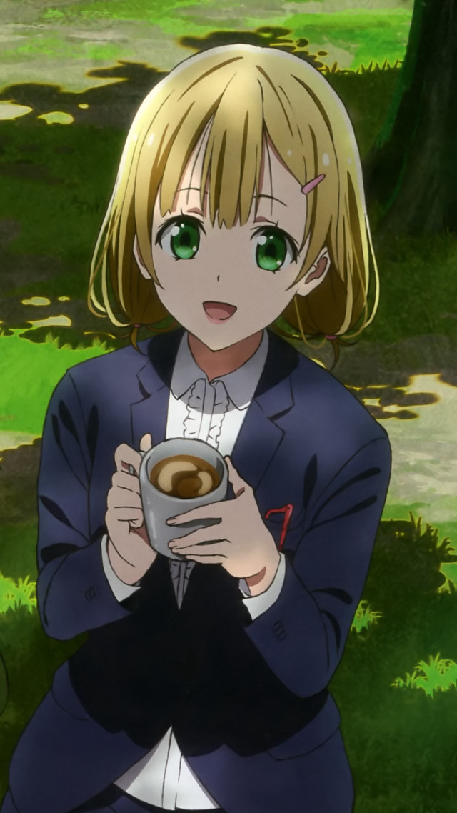 Woman suit coffee park grass free wallpaper for mobile - medium preview image