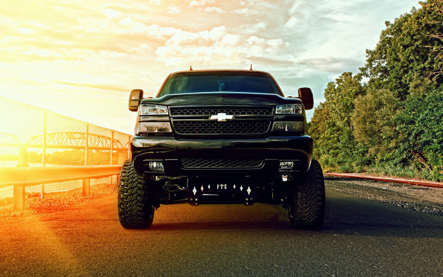 Black truck sunset bridge trees free wallpaper for desktop - medium preview image