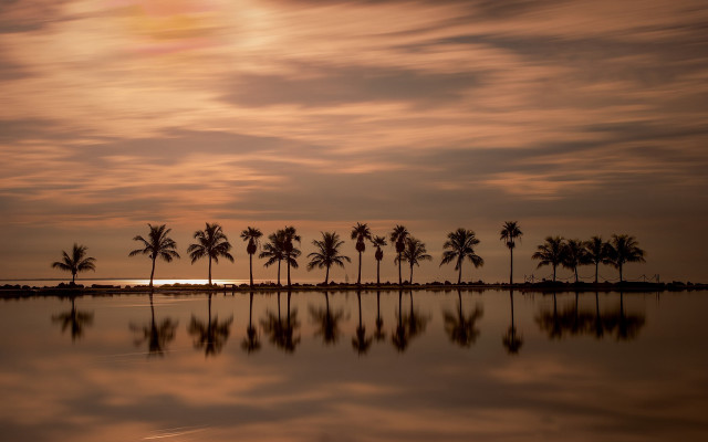Sunset palmtrees boat clouds ocean free wallpaper for desktop - medium preview image