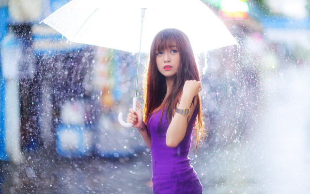 Woman umbrella rain city lights #2 free wallpaper for desktop - medium preview image