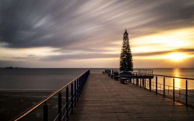 Pier tree sunset clouds boat free wallpaper for desktop - medium preview image