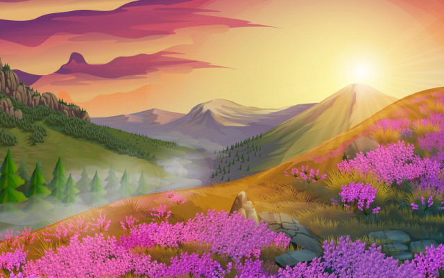 Mountain landscape flower trees sunset free wallpaper for desktop - medium preview image