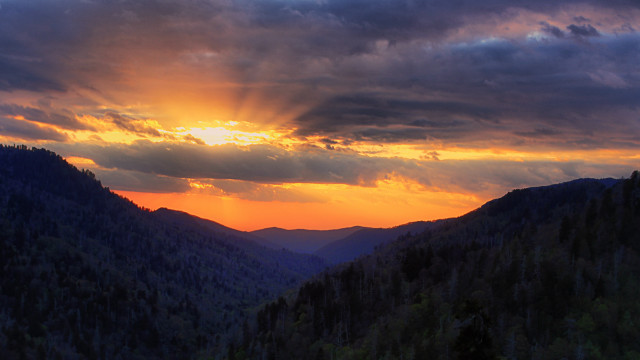 Sunset mountain forest cloudy sunbeam free wallpaper for desktop - medium preview image