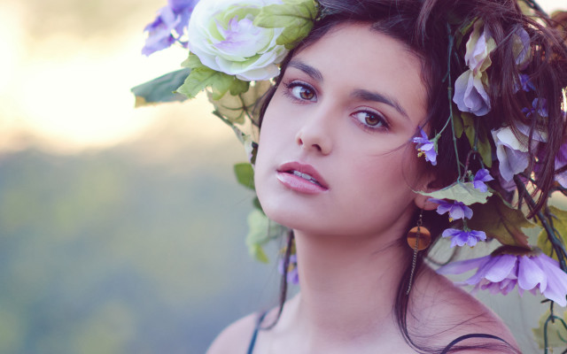 Woman flower wreath portrait outdoors free wallpaper for desktop - medium preview image