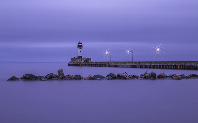 Lighthouse pier purple sky rocks free wallpaper for desktop - medium preview image