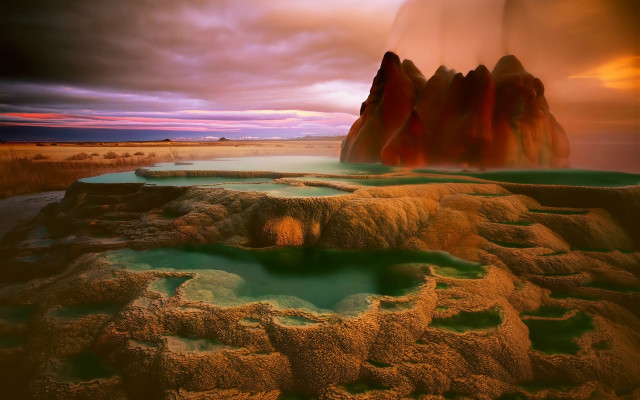 Surreal hot spring mountain sunset free wallpaper for desktop - medium preview image