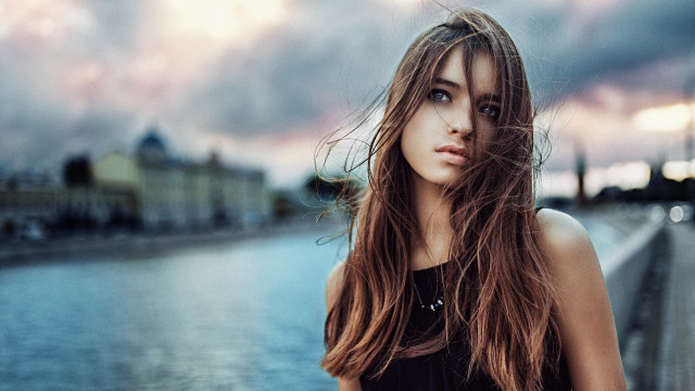 Woman bridge water cloudy sky free wallpaper for desktop - medium preview image