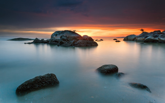 Sunset rocky beach birds long free wallpaper for desktop - medium preview image