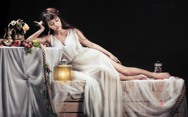 Woman white dress bed lantern free wallpaper for desktop - medium preview image