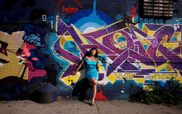 Woman blue dress graffiti wall free wallpaper for desktop - medium preview image