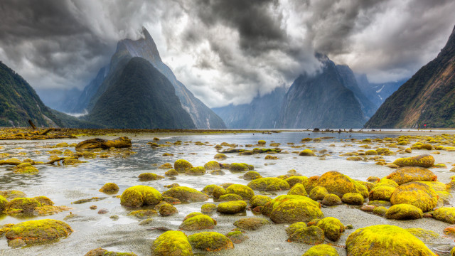 River moss rocks mountains cloudy free wallpaper for desktop - medium preview image