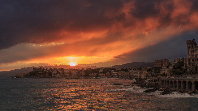 Sunset city water mountain skyline free wallpaper for desktop - medium preview image