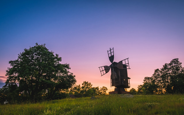 Windmill field trees sunset purple free wallpaper for desktop - medium preview image