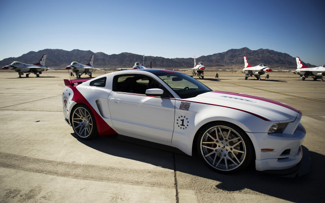White mustang car fighter jets free wallpaper for desktop - medium preview image