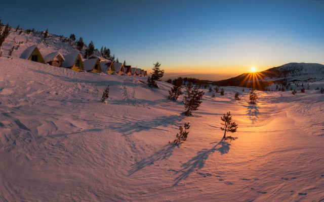 Sunset snowy mountain tents trees free wallpaper for desktop - medium preview image