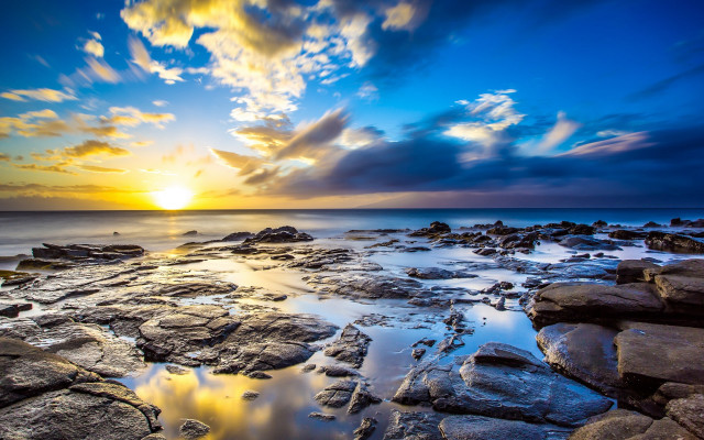 Sunset rocky beach water clouds #7 free wallpaper for desktop - medium preview image