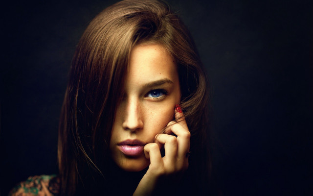 Woman redflower blackbackground blueeyes portrait free wallpaper for desktop - medium preview image