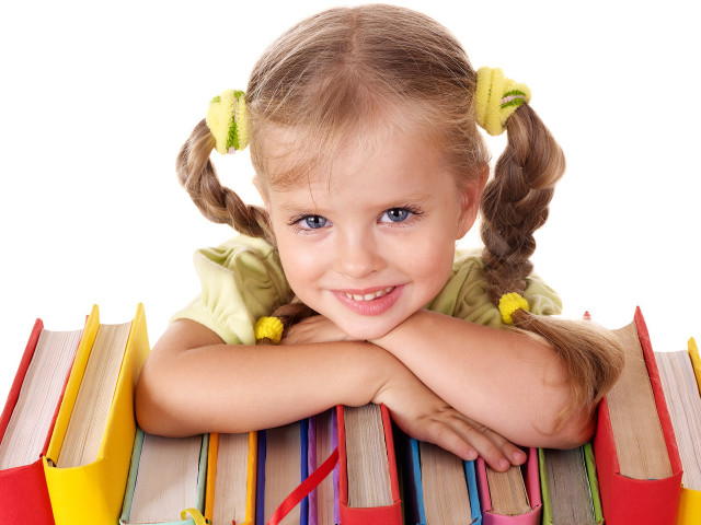 Little girl sitting pile books free wallpaper for desktop - medium preview image