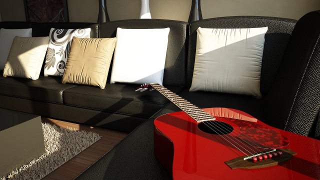 Red guitar black couch living free wallpaper for desktop - medium preview image