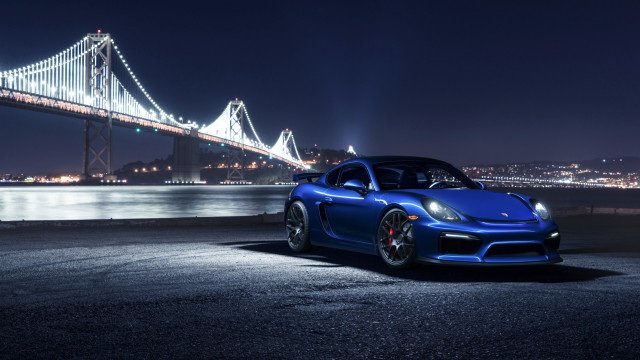 Blue sports car night bridge free wallpaper for desktop - medium preview image