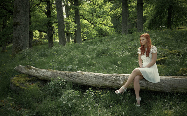 Woman forest sitting moss dress free wallpaper for desktop - medium preview image