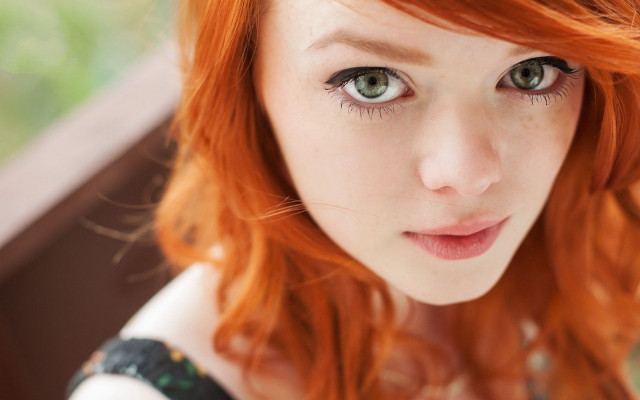 Red hair green eyes black free wallpaper for desktop - medium preview image