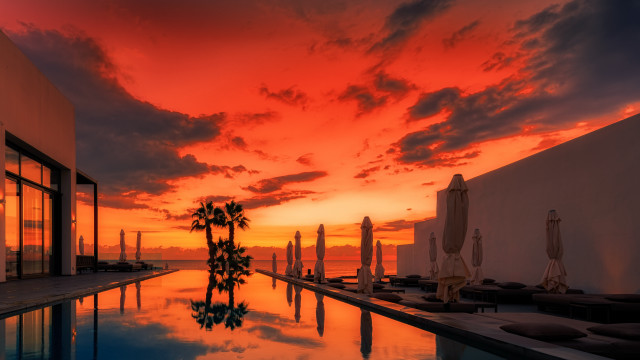 Sunset pool palm tree urban free wallpaper for desktop - medium preview image