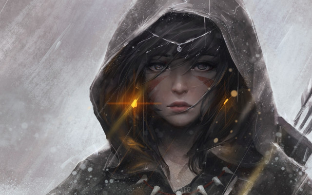 Woman hooded knife snowy fantasy free wallpaper for desktop - medium preview image