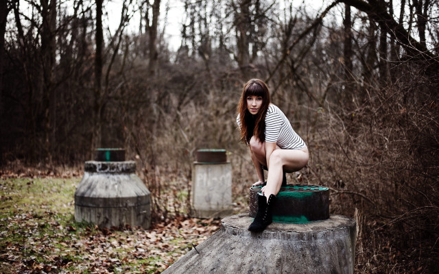 Woman striped shirt boots forest free wallpaper for desktop - medium preview image