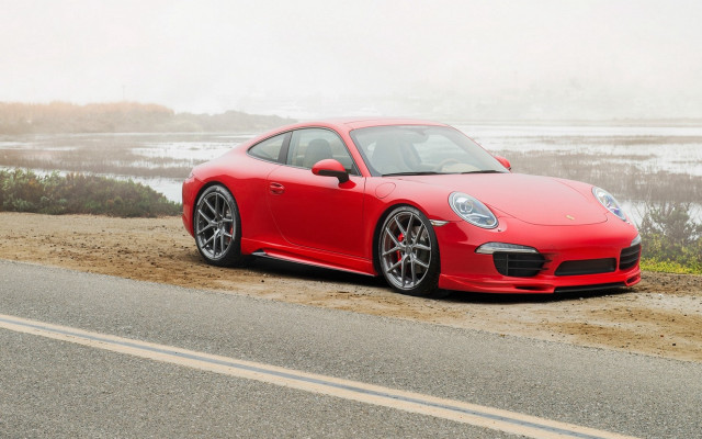 Red porsche foggy road water free wallpaper for desktop - medium preview image